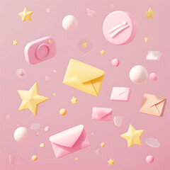 This 3D vector illustration features charming pink and yellow envelopes, accompanied by cute stars and bubbles floating around them. The design is crafted in the style of pastel colors, lending a soft