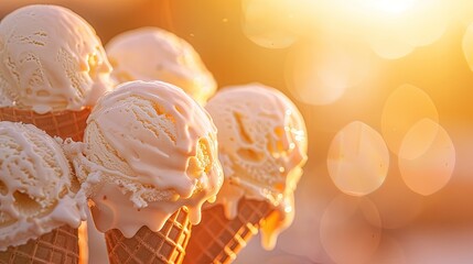 Close-up image of creamy ice cream slowly melting in the soft pastel light of the sun. Generative AI