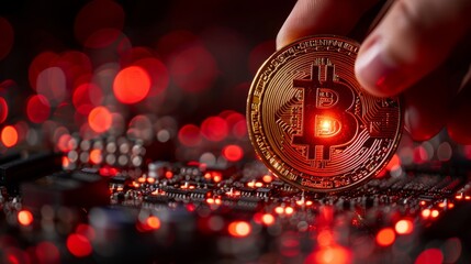 A glowing Bitcoin over a computer motherboard with red lights in the background.