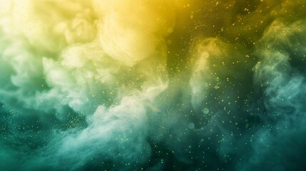 Fototapeta premium Detailed view of green and yellow dust clouds exploding with shimmering particles, vividly highlighted against a white background