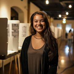 A smiling woman working at a voting center, votings booths behind her.