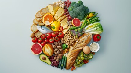 Bright and detailed top view of an arrangement of five food groups, showcasing their diversity and colors on a clean background