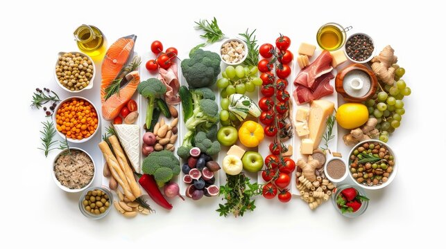 Artistic top-down view of five food groups in a well-arranged collection, isolated for clarity with professional studio lighting