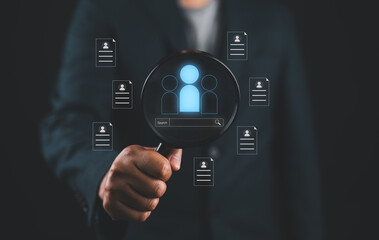 HRM or Human Resource Management, man show search bar and manager icon which is among staff icons for human development recruitment leadership and customer target group concept.