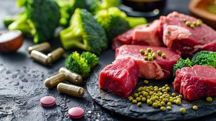 Balanced diet concept with meat, vegetables, and supplements