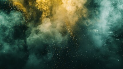 Fototapeta premium Elegant close-up of explosive clouds of yellow and green dust, sparkling particles suspended, highlighted by studio lighting