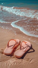 Naklejka premium A beach with a pair of summer shoes or flip flops. 