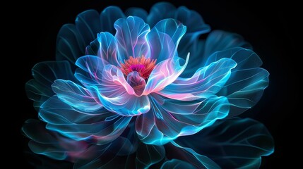 Glowing neon fairytale flower in blue and pink, isolated against black, magical fantasy design perfect for wonderland illustrations