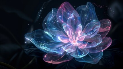 Obraz premium Glowing neon fairytale flower in blue and pink, isolated against black, magical fantasy design perfect for wonderland illustrations