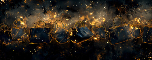 A series of black bags are lit up with gold and silver