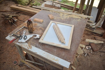 wooden raw materials and working tools for furniture and crafts. strong and good wood.