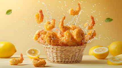 A basket of deep-fried prawns splashes into the air with lemon slices around it. The background is a light yellow and the atmosphere exudes a fresh food aroma.