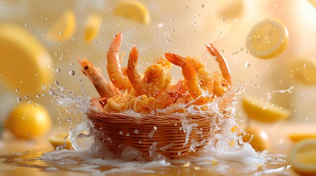 A basket of deep-fried prawns splashes into the air with lemon slices around it. The background is a light yellow and the atmosphere exudes a fresh food aroma.