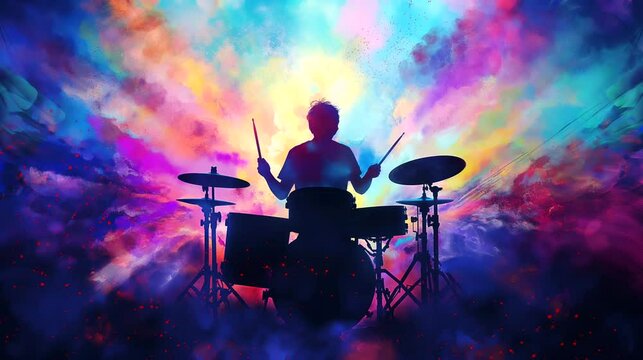 A Drummer's silhouette with colorful aura, spiritual music. Anime or digital painting style, looping 4k video animation background