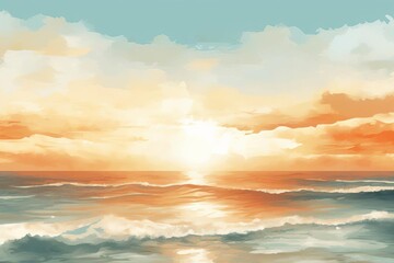 Obraz premium Bright sun rising flat design top view morning beach watercolor Monochromatic Color Scheme