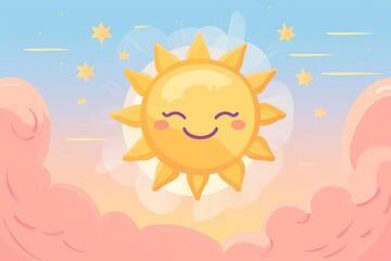 Warm sun in the sky flat design front view summer vibes cartoon drawing colored pastel