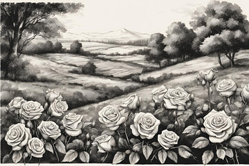 Black and white vintage sketch Landscape featuring roses