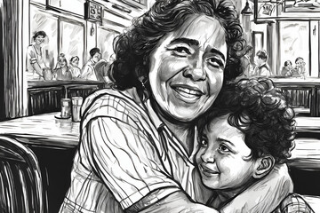 Black and white vintage sketch with older Latino child hugging Latino mother in restaurant