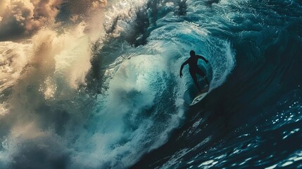 A surfer rides a big wave. The wave is crashing down around him, but he is holding on tight. He is determined to ride this wave all the way to the shore.