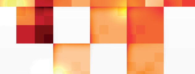 A detailed view of a red and orange checkered pattern on a white background, featuring rectangles with shades of brown, amber, peach, and electric blue creating a symmetrical and colorful design