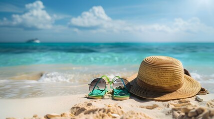 A straw hat, sunglasses and green flipflops lie on the white sand of an exotic beach with blue water in front of it. Sunlight highlights the textures of each object. 