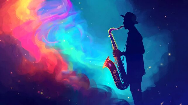 A Saxophonist silhouette with colorful aura, spiritual music. Anime or digital painting style, looping 4k video animation background