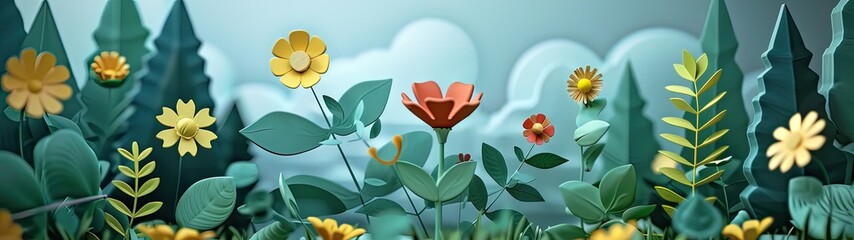 Obraz premium 3D render clay of garden flowers, colorful with a green day theme background