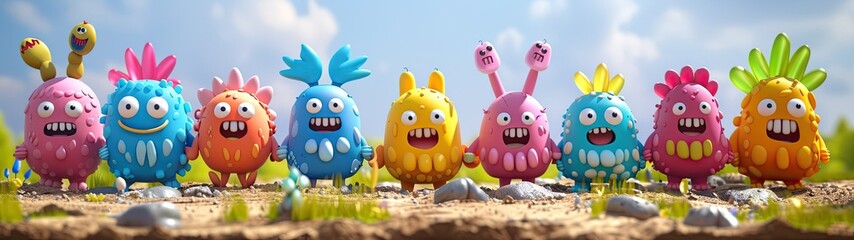 Fototapeta premium 3D render of a lively cute monster character emerging from the earth, its colorful shape embodies the spirit of the green day theme with joy and charm.