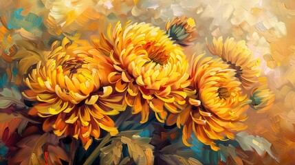 Lush Golden Chrysanthemums in Artistic Rendering