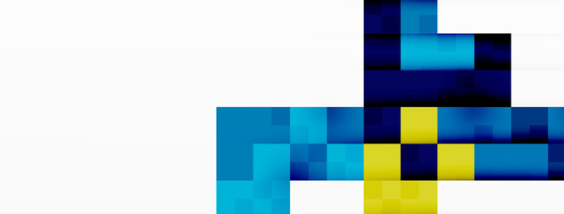 A vibrant checkered pattern featuring rectangles in aqua, electric blue, magenta, and violet on a white background. The parallel lines create a bold and modern art deco design