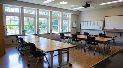 The classroom is equipped with desks and chairs, carefully arranged to maximize space and promote collaboration among students.