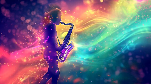 A Saxophonist silhouette with colorful aura, spiritual music. Anime or digital painting style, looping 4k video animation background