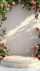 Fototapeta premium Product podium with spring flower garden architecture outdoors. Beauty cosmetic product, perfume, and natural product placement pedestal present minimal display concept.