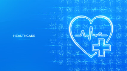 Healthcare. Health insurance. Heart with cross and heartbeat icon. Health Care and Medical services banner. Blue medical background made with cross shape symbol. Vector illustration.