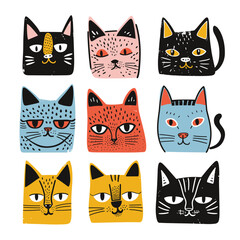 Collection quirky cat faces, various patterns colors, cartoon feline expressions. Nine stylized cats, grumpy, happy, sleepy, cute, graphic animal design, colorful kitty icons isolated white