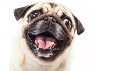 Obraz premium Dog laughing smiling. Joy Unleashed: Close-Up Portrait of a Delightful Pug Smiling with Tongue Out, Capturing the Essence of Canine Happiness. Image made using Generative AI