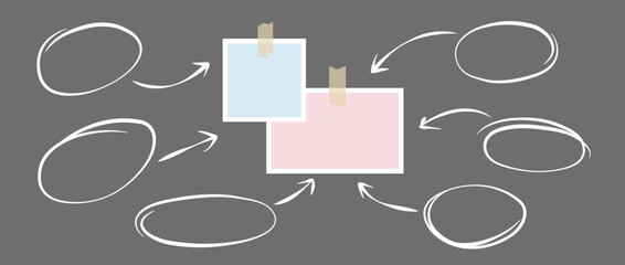 Paper notes glued on adhesive tape and hand drawn arrows and circles. Mood board, process flow and diagram chart template for mockup, poster design, banner, flyer, brochure. Vector illustration