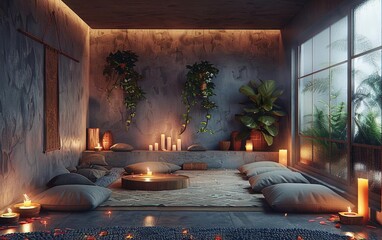 A cozy meditation nook with cushions, candles, incense, and soothing ambient music playing softly