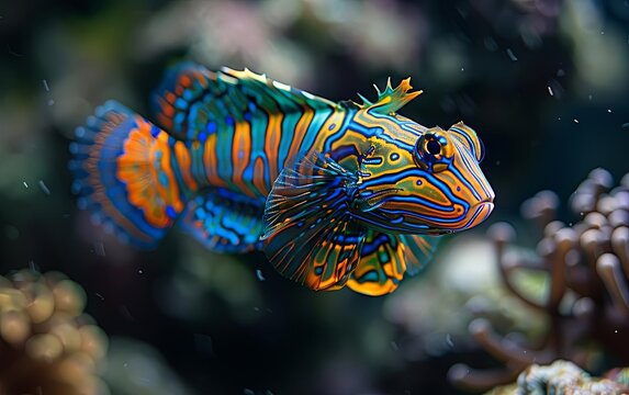 A dazzling mandarin fish with its intricate patterns of bright blue, orange, and green moving along the reef