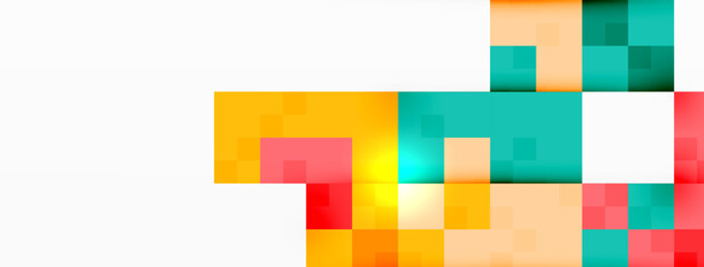 A vibrant display of colorfulness with rectangles, triangles, and symmetrical patterns in magenta and electric blue tints. Artistic font on a white background