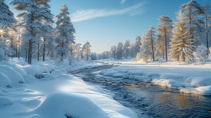 A beautiful winter landscape with trees covered in snow. Generative ai