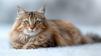 A fluffy Siberian cat sitting serenely, beautifully with the white backdrop. Generative AI