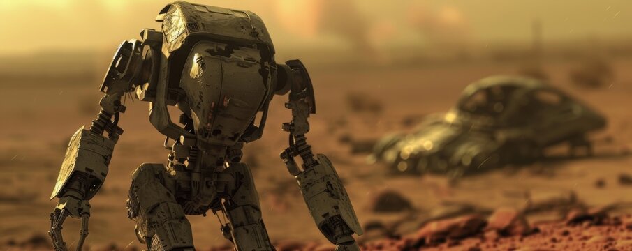 Lonely robot wandering on a barren alien planet