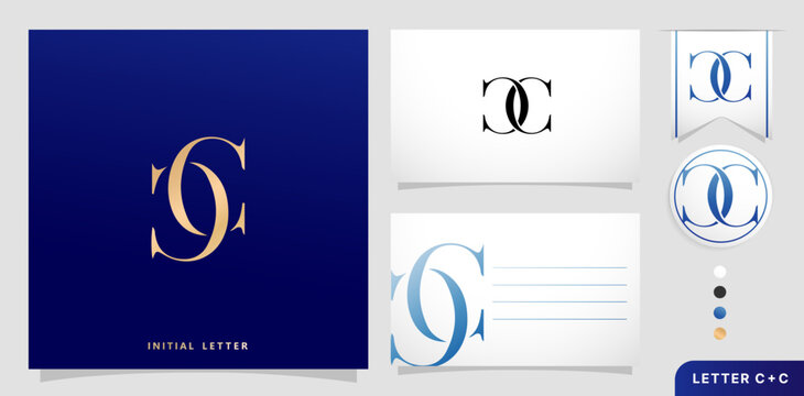 a set of business cards with the letter CC Luxury Initial Letters C and C Logos Designs in Blue Colors for branding ads campaigns, letterpress, embroidery, covering invitations, envelope sign symbols