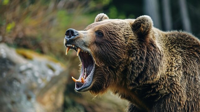 A bear is shown with its mouth wide open, showing its teeth