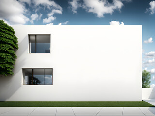 A standalone villa with a blue sky and white clouds background, white walls with a modern artistic design sense, used for product display, leaving space for text, high-end and luxurious lifestyle