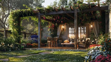 Obraz premium Cozy Sanctuary: Capture the cozy atmosphere of a garden home, where comfort meets natural beauty in perfect harmony.