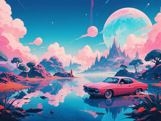 Illustration of a Surreal Landscape Bathed in Ethereal Blue and Pink Hues Featuring a Tranquil Water Body and a Lonely Stranded Car, AI Generative
