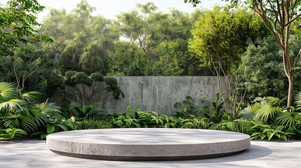 Stone product display podium for cosmetic product with green nature garden background