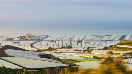 Plastic greenhouses on coast, Spain